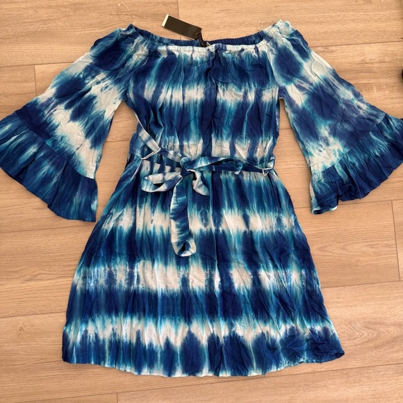 Feathers Women’s Blue Tie Dye Off Shoulder Tie Beachy Midi Dress Bell Sleeves 2X - Picture 1 of 9
